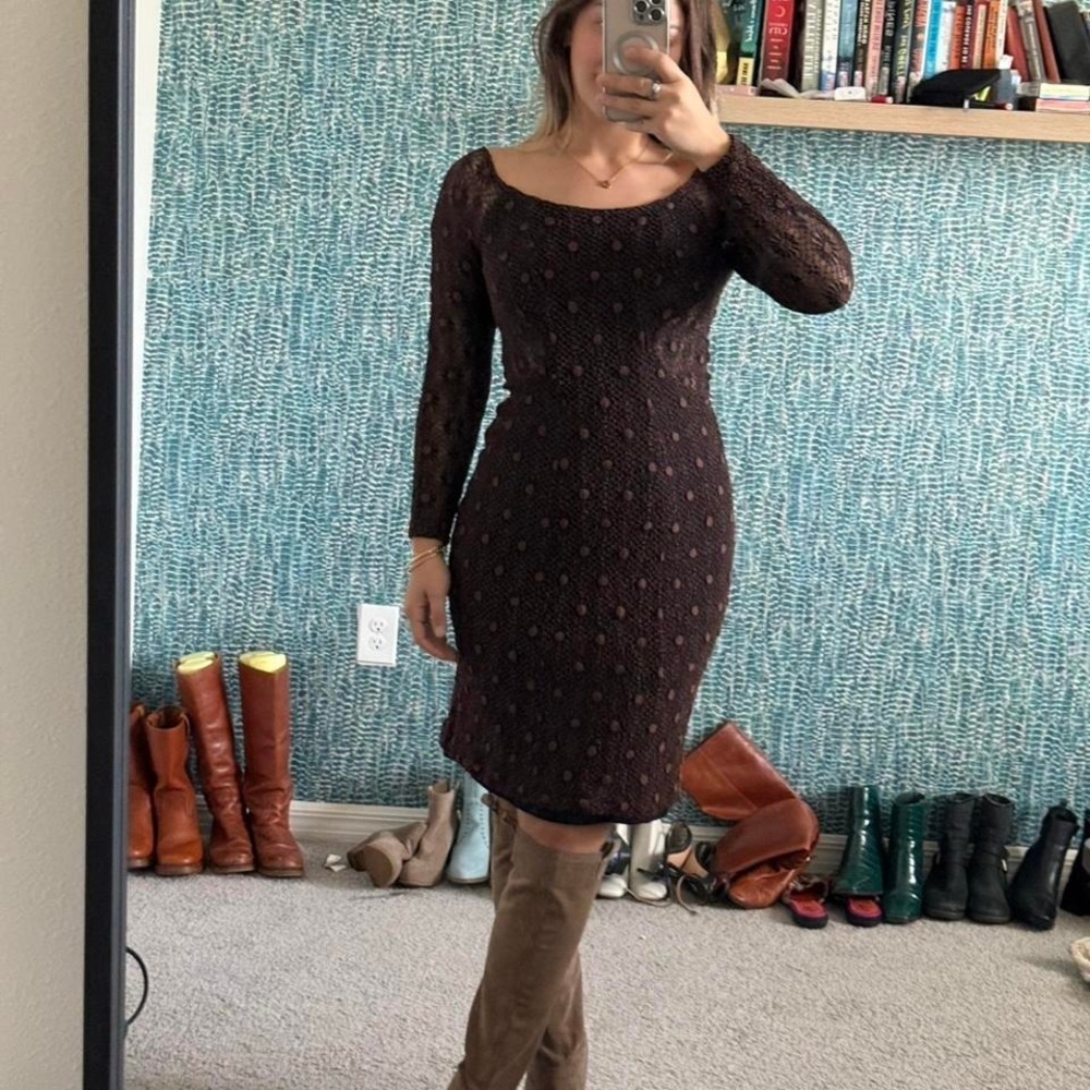 Y2K Georgette brown lace long sleeve midi dress - Picture 3 of 3